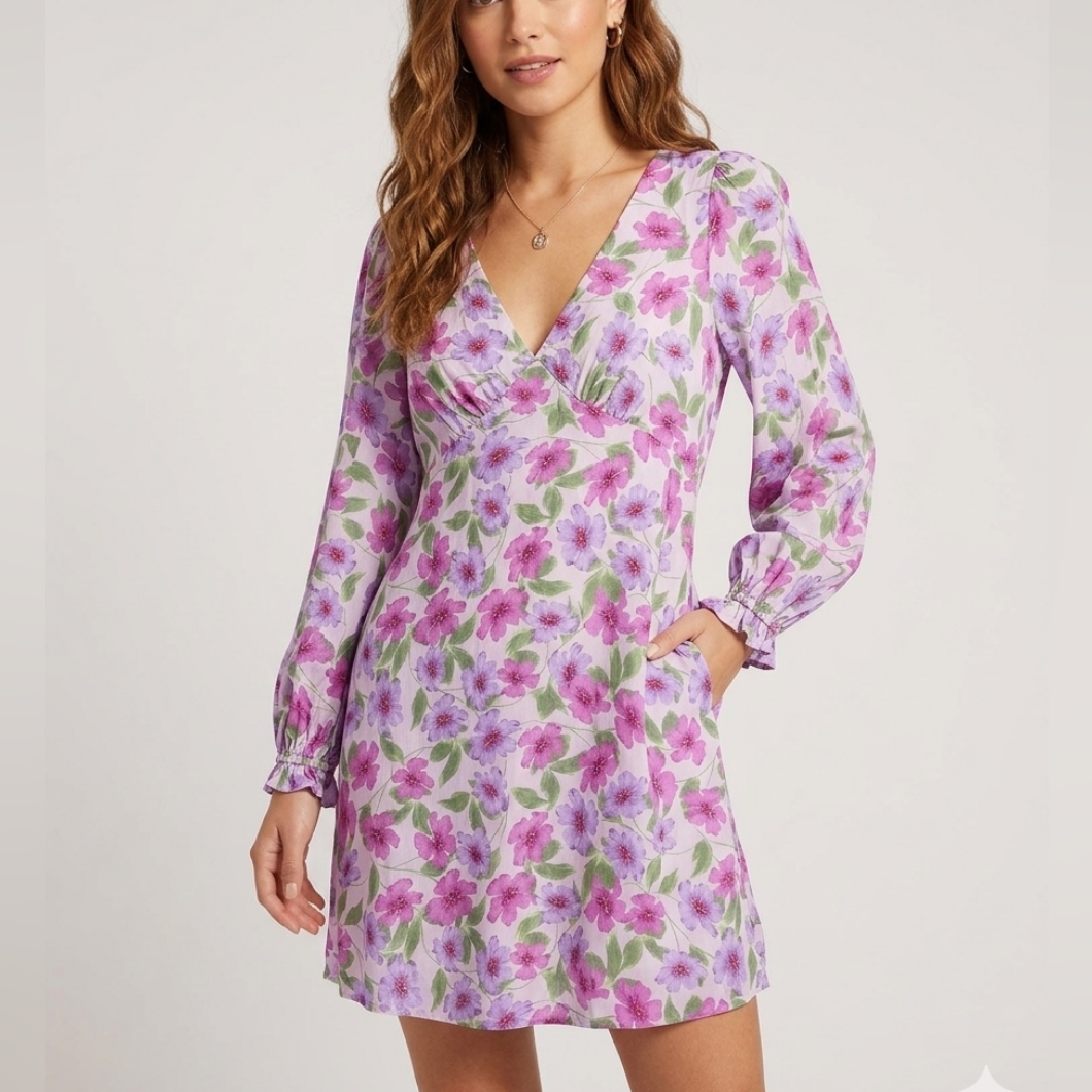Gb Girls Floral Long Sleeve Dress - Purple And Green